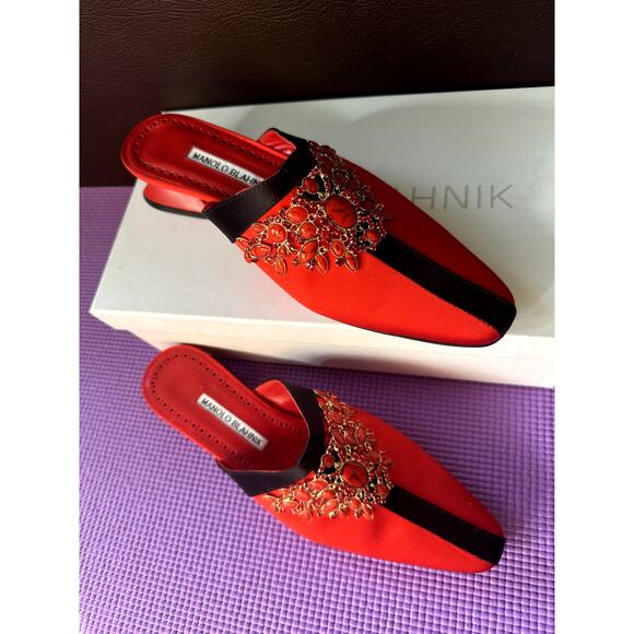 Manolo Blahnik RARE Red Black Silk Embellished Mules Clogs Size 38 NEW Shoes - Picture 5 of 9